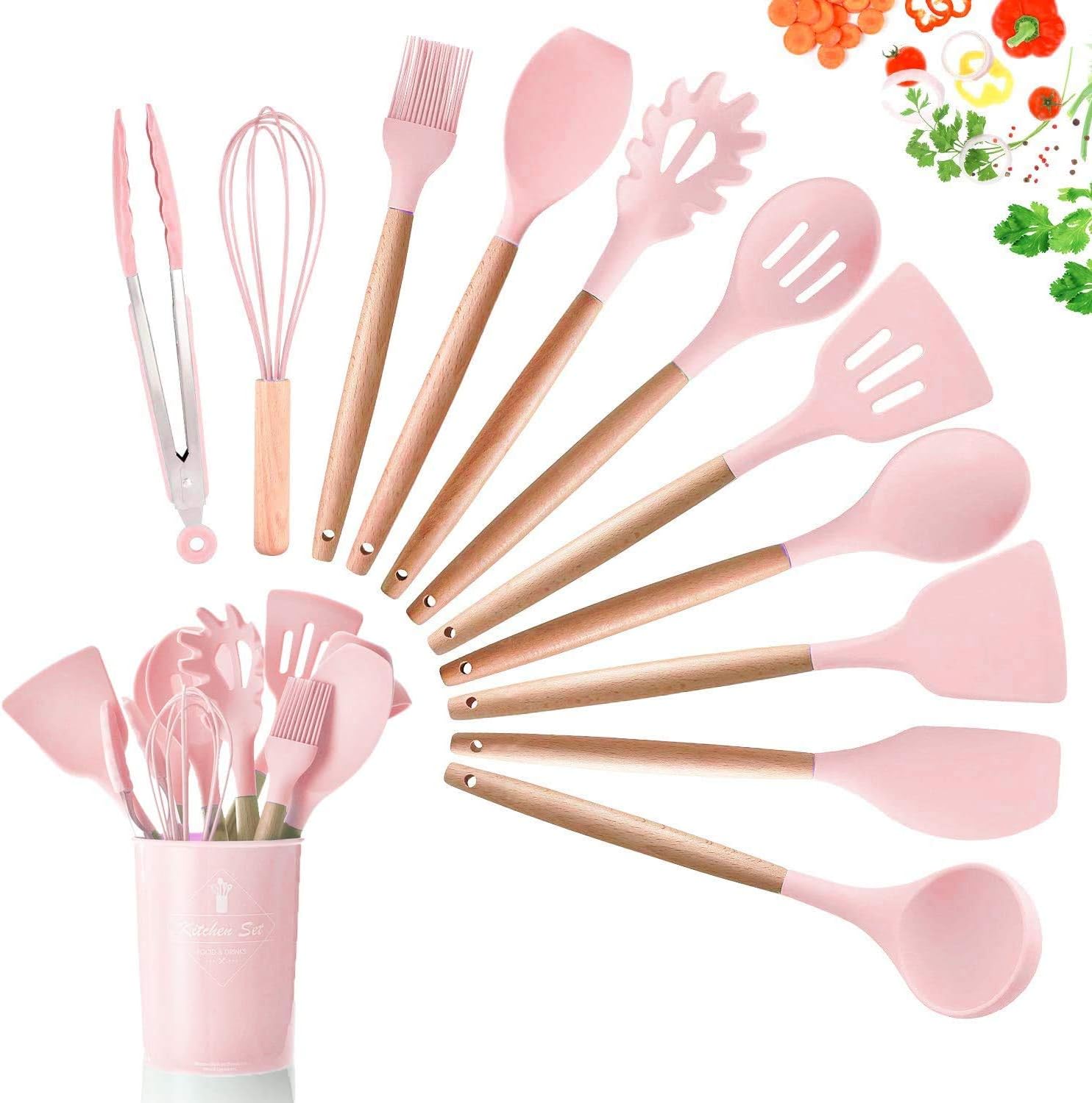 SGAONSN Kitchen Utensil Set, Silicone Cooking Utensils with Natural Wooden Handles,Nonstick Kitchen Tool Turner Tongs (12pcs) Pink - Amazing Gadgets Outlet