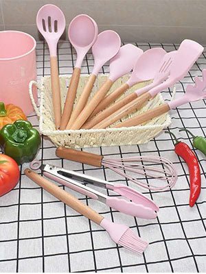 SGAONSN Kitchen Utensil Set, Silicone Cooking Utensils with Natural Wooden Handles,Nonstick Kitchen Tool Turner Tongs (12pcs) Pink - Amazing Gadgets Outlet