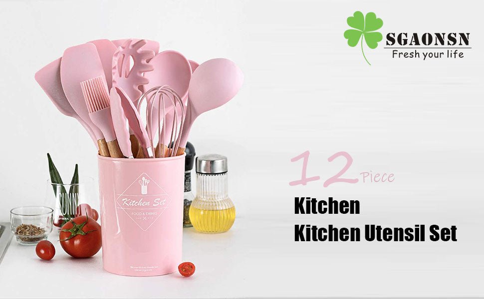 SGAONSN Kitchen Utensil Set, Silicone Cooking Utensils with Natural Wooden Handles,Nonstick Kitchen Tool Turner Tongs (12pcs) Pink - Amazing Gadgets Outlet