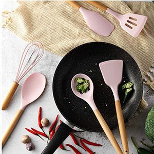 SGAONSN Kitchen Utensil Set, Silicone Cooking Utensils with Natural Wooden Handles,Nonstick Kitchen Tool Turner Tongs (12pcs) Pink - Amazing Gadgets Outlet