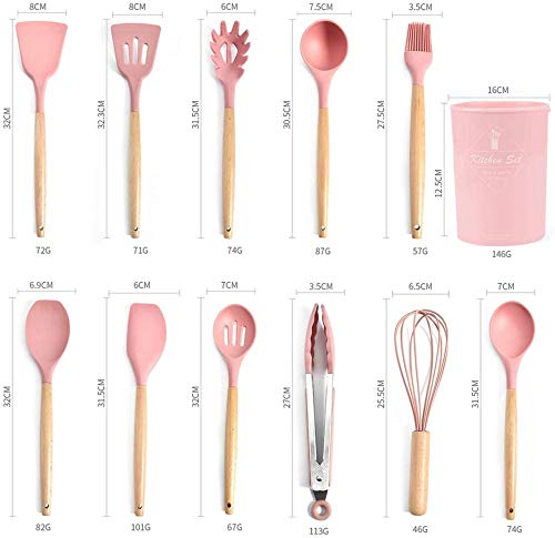 SGAONSN Kitchen Utensil Set, Silicone Cooking Utensils with Natural Wooden Handles,Nonstick Kitchen Tool Turner Tongs (12pcs) Pink - Amazing Gadgets Outlet