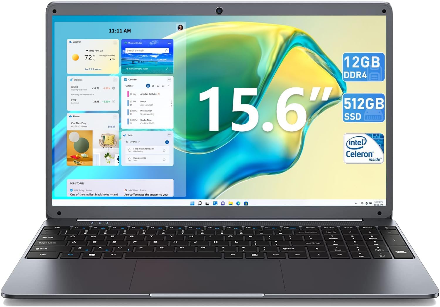 SGIN 15.6 Inch Laptop 12GB RAM 512GB SSD, 1080P FHD Celeron N5095 Up to 2.8GHz, 180° Open Angle, PC Notebook with Dual Band WiFi, 2xUSB 3.0, Keyboard Film in Eight Languages - Amazing Gadgets Outlet