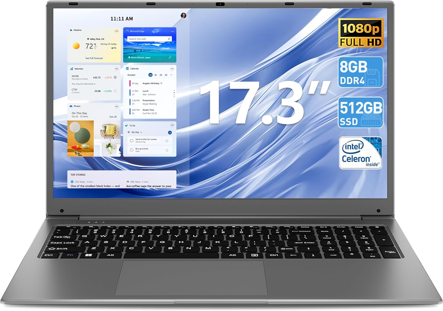 SGIN 15.6 Inch Laptop 12GB RAM 512GB SSD, 1080P FHD Celeron N5095 Up to 2.8GHz, 180° Open Angle, PC Notebook with Dual Band WiFi, 2xUSB 3.0, Keyboard Film in Eight Languages - Amazing Gadgets Outlet