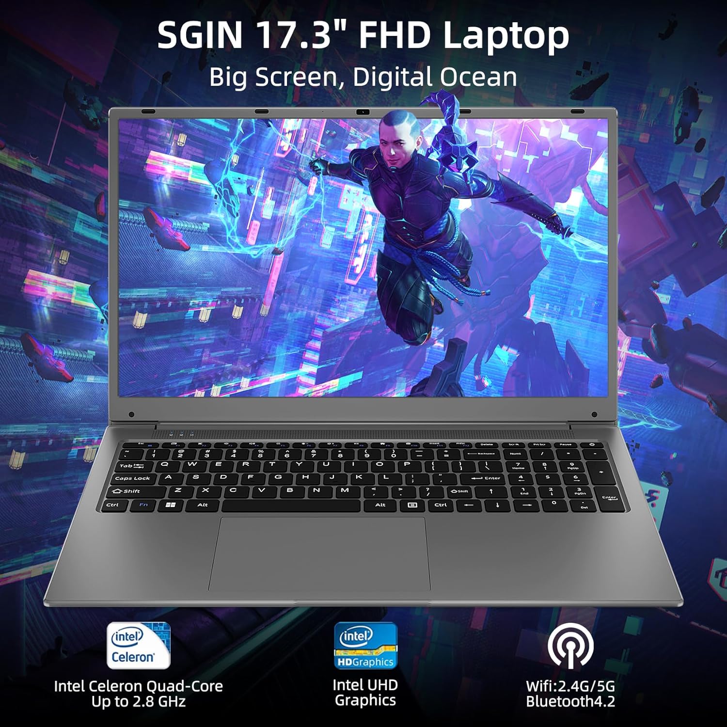 SGIN 17.3" Laptop 12GB RAM 512GB SSD Storage(TF Card 512GB), Celeron N5095A Processor, FHD 1920 * 1080 IPS, 5000mAh Battery, Full Size Keyboard, 2xUSB 3.0, Dual Band WiFi (Grey) - Amazing Gadgets Outlet