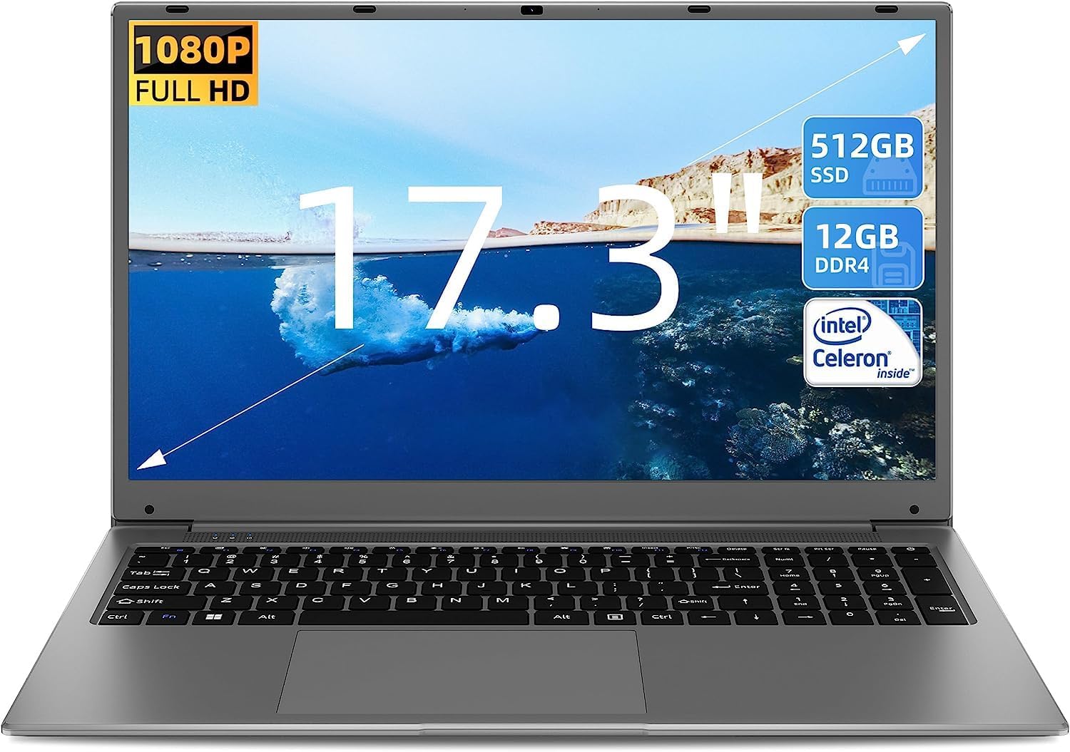 SGIN 17.3" Laptop 12GB RAM 512GB SSD Storage(TF Card 512GB), Celeron N5095A Processor, FHD 1920 * 1080 IPS, 5000mAh Battery, Full Size Keyboard, 2xUSB 3.0, Dual Band WiFi (Grey) - Amazing Gadgets Outlet