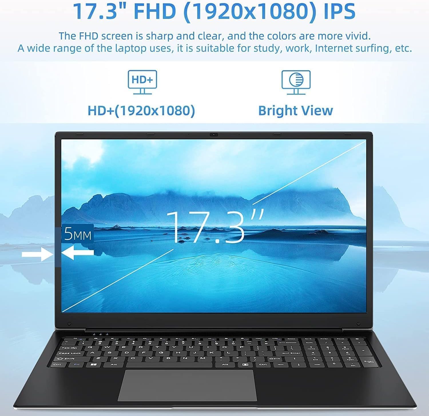 SGIN Laptop 17.3 Inch 4GB RAM 128GB SSD, Laptop i3 - 5005U Celeron Dual - Core Processor Up to 2.4GHz, 1080P FHD PC Notebook with Dual Band WiFi, 2xUSB 3.0, Keyboard Film in Eight Languages - Amazing Gadgets Outlet