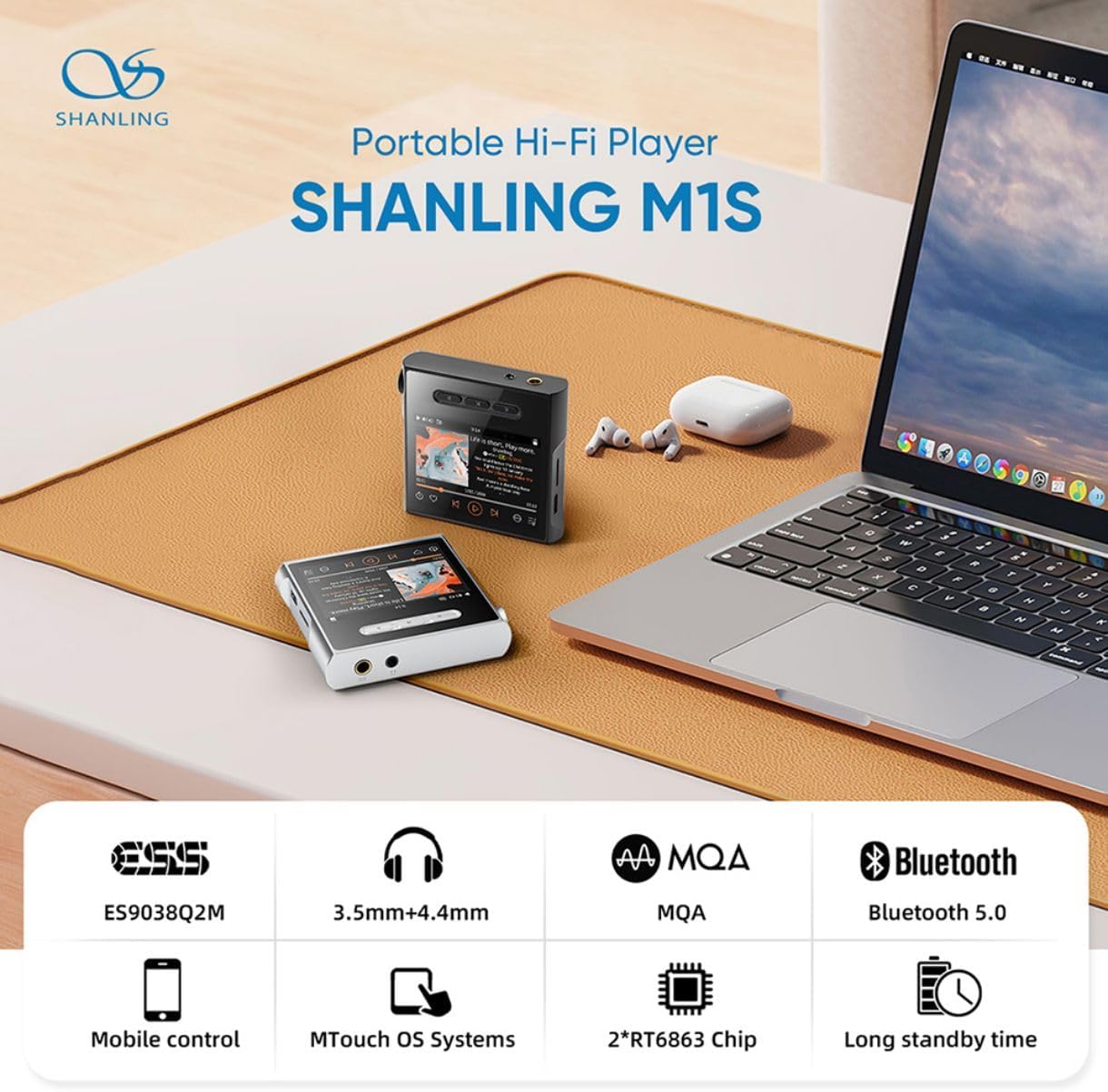 SHANLING M1s HiFi Music Player, ES903802M FPGA MQA Lossless MP3 with 32Bit/768kHz DSD512, Bluetooth 5.0/WiFi/USB Digital Audio Player, 3.5mm 4.4mm Headphone Output Mp3s Daps (Black, Without SD Card) - Amazing Gadgets Outlet