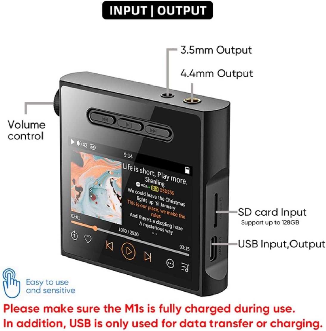 SHANLING M1s HiFi Music Player, ES903802M FPGA MQA Lossless MP3 with 32Bit/768kHz DSD512, Bluetooth 5.0/WiFi/USB Digital Audio Player, 3.5mm 4.4mm Headphone Output Mp3s Daps (Black, Without SD Card) - Amazing Gadgets Outlet