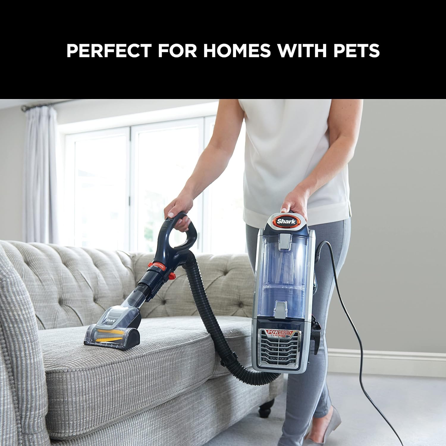 Shark Corded Upright Vacuum Cleaner,0.83L with Anti Hair Wrap Technology & DuoClean, Pet Model, Powered Lift - Away, LED Headlights, Anti - Allergen, 8m Cord, 750W, 2 Attachments, Navy/Orange, NZ801UKT - Amazing Gadgets Outlet