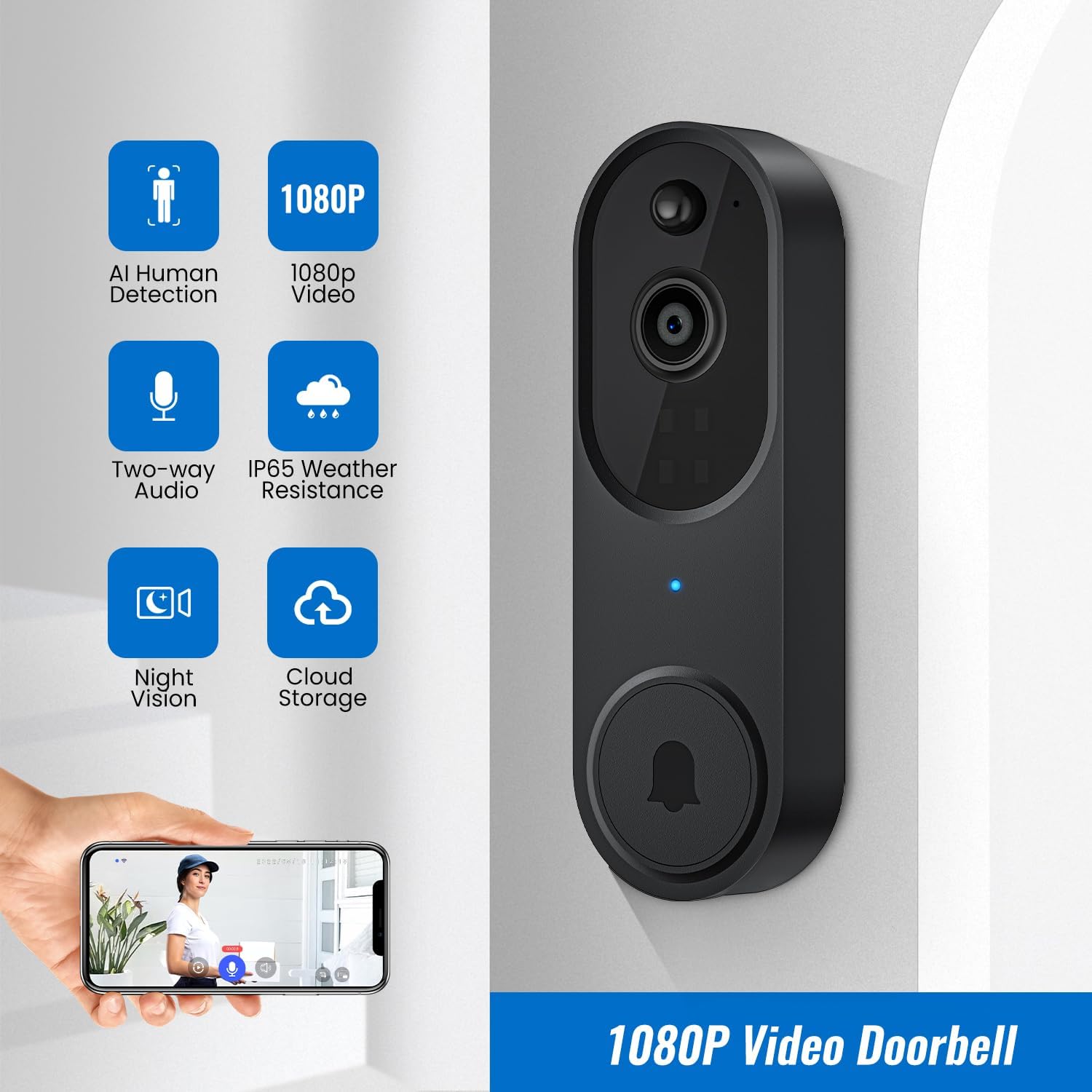 SHARKPOP 1080p Video Doorbell Camera Wireless with 2 - Way Audio, Ring Chime Included, Smart Human Motion Detection, HD Night Vision, Cloud Storage, Easy Installation, Real - Time Alerts for Home Security - Amazing Gadgets Outlet