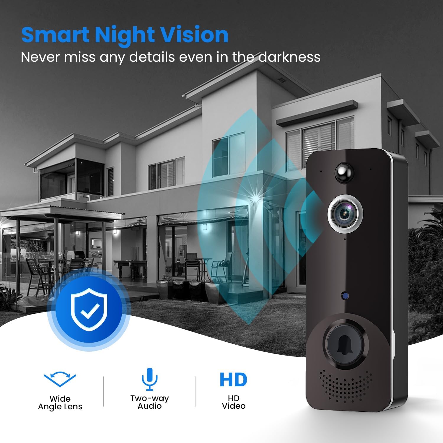 SHARKPOP Doorbell Camera Wireless, WiFi Video Doorbell with Free Ring Chime, Indoor/Outdoor Surveillance Human Detection, 2 - Way Audio, Night Vision, Cloud Storage, Battery Powered, Live View - Amazing Gadgets Outlet