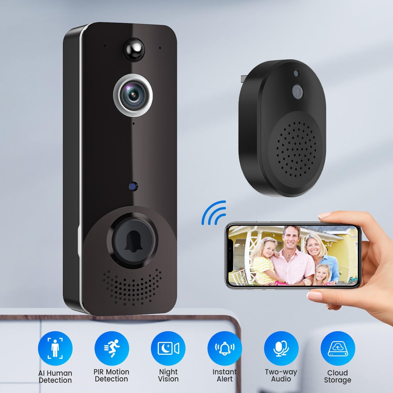 SHARKPOP Doorbell Camera Wireless, WiFi Video Doorbell with Free Ring Chime, Indoor/Outdoor Surveillance Human Detection, 2 - Way Audio, Night Vision, Cloud Storage, Battery Powered, Live View - Amazing Gadgets Outlet