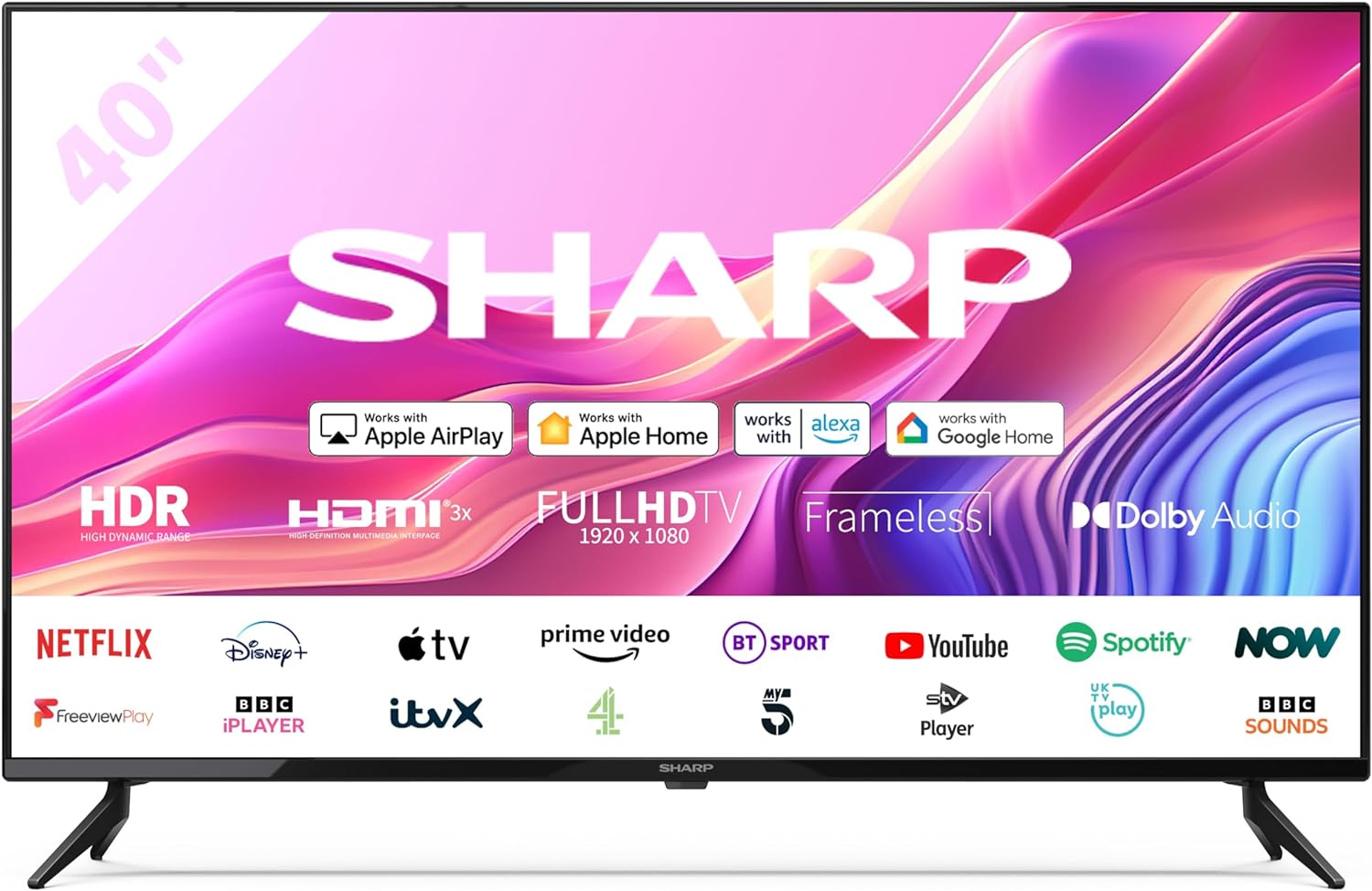 SHARP 40FD6K 40 - Inch Full HD Smart Frameless Roku TV™ in Black with Active Motion 200, HDR10 Support, Freeview Play, Pre - Installed Apps, 3x HDMI & 1x USB - Amazing Gadgets Outlet