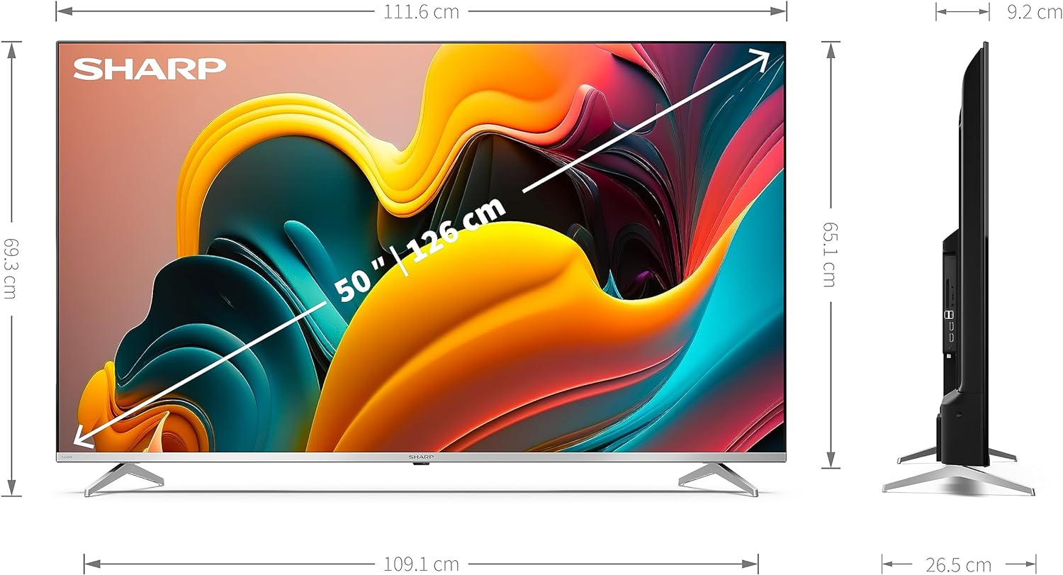 SHARP 4T - C50FP6KL2AB 50 Inch Smart TV 4K UHD Quantum Dot TV with Google Assistant, Freeview Play & Chromecast Built In, Android TV, UHD Frameless Television, 4x HDMI & 2x USB Bluetooth TV – Silver - Amazing Gadgets Outlet