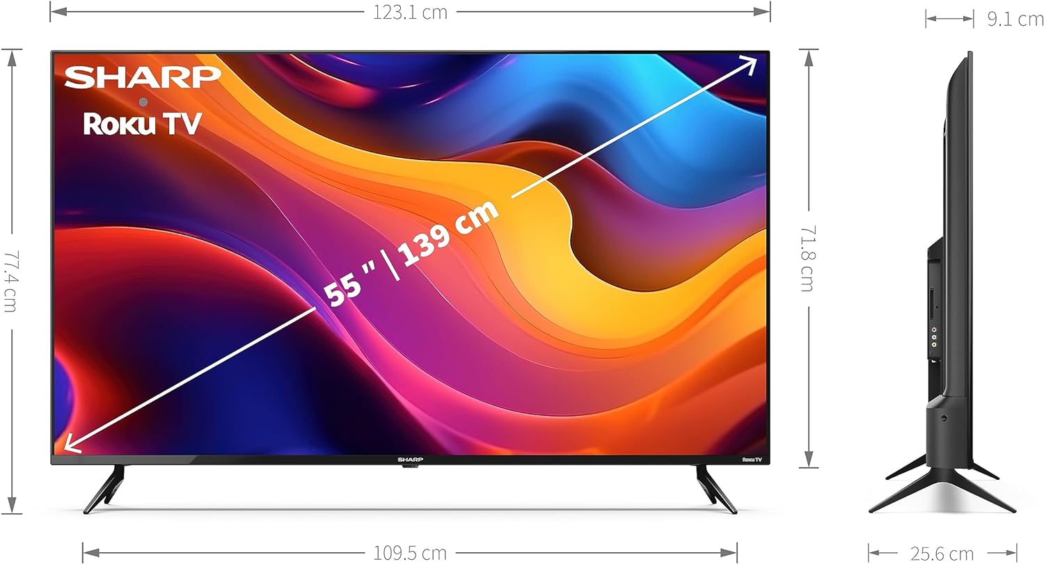 SHARP 55FJ6K 55 - Inch 4K UHD Smart Roku Frameless LED TV in Black with Active Motion 400, Dobly Vision, HDR10 + HLG Support, Freeview Play, Pre - Installed Apps, 3x HDMI & 2x USB - Amazing Gadgets Outlet