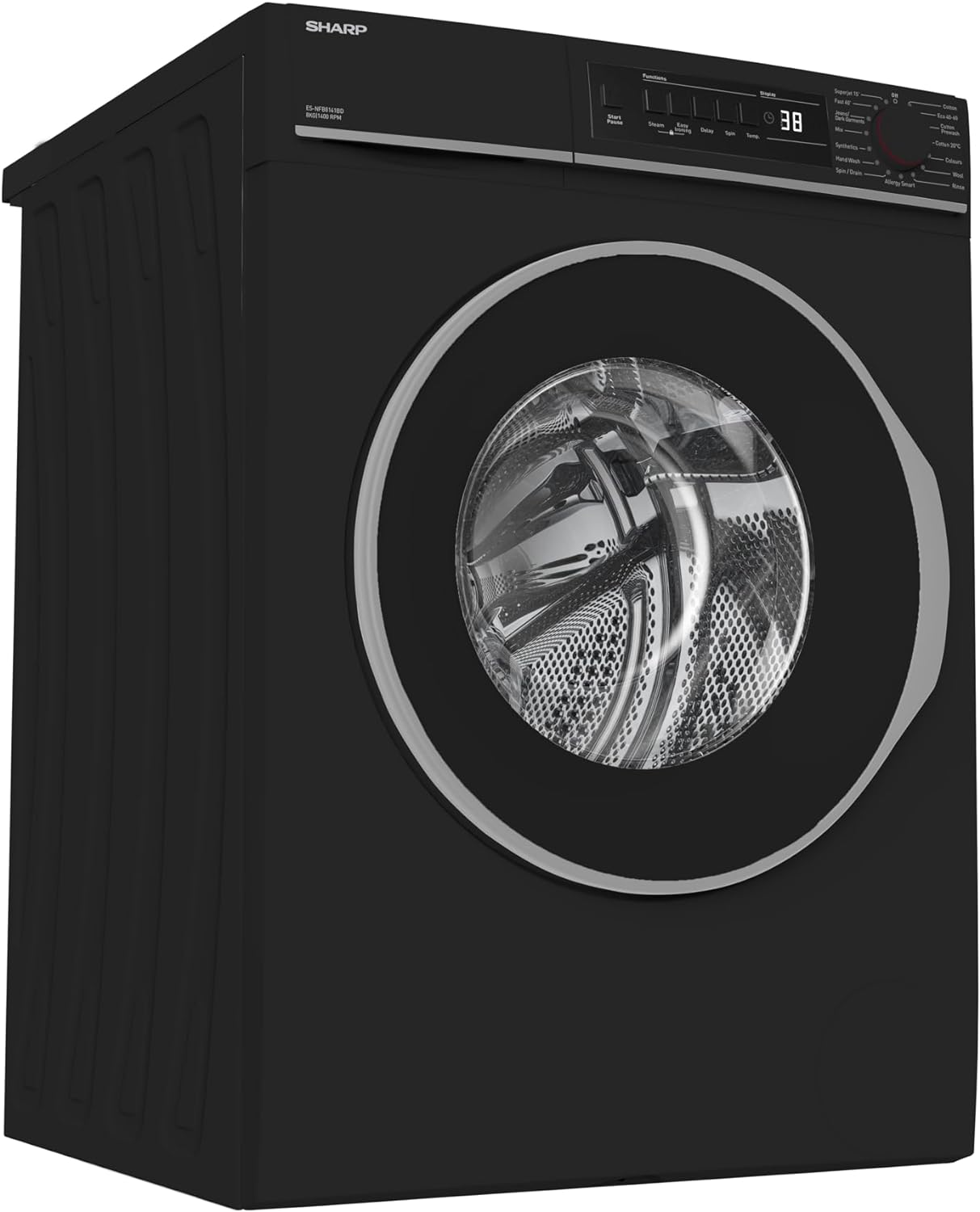 Sharp, ES - NFB8141BD - EN, Freestanding, Washing Machine, Steam, 15 Programs, 15 minute Rapid Wash, Anti - Allergy, 8 kg Washer, 1400 rpm Spin, Black Colour - Amazing Gadgets Outlet