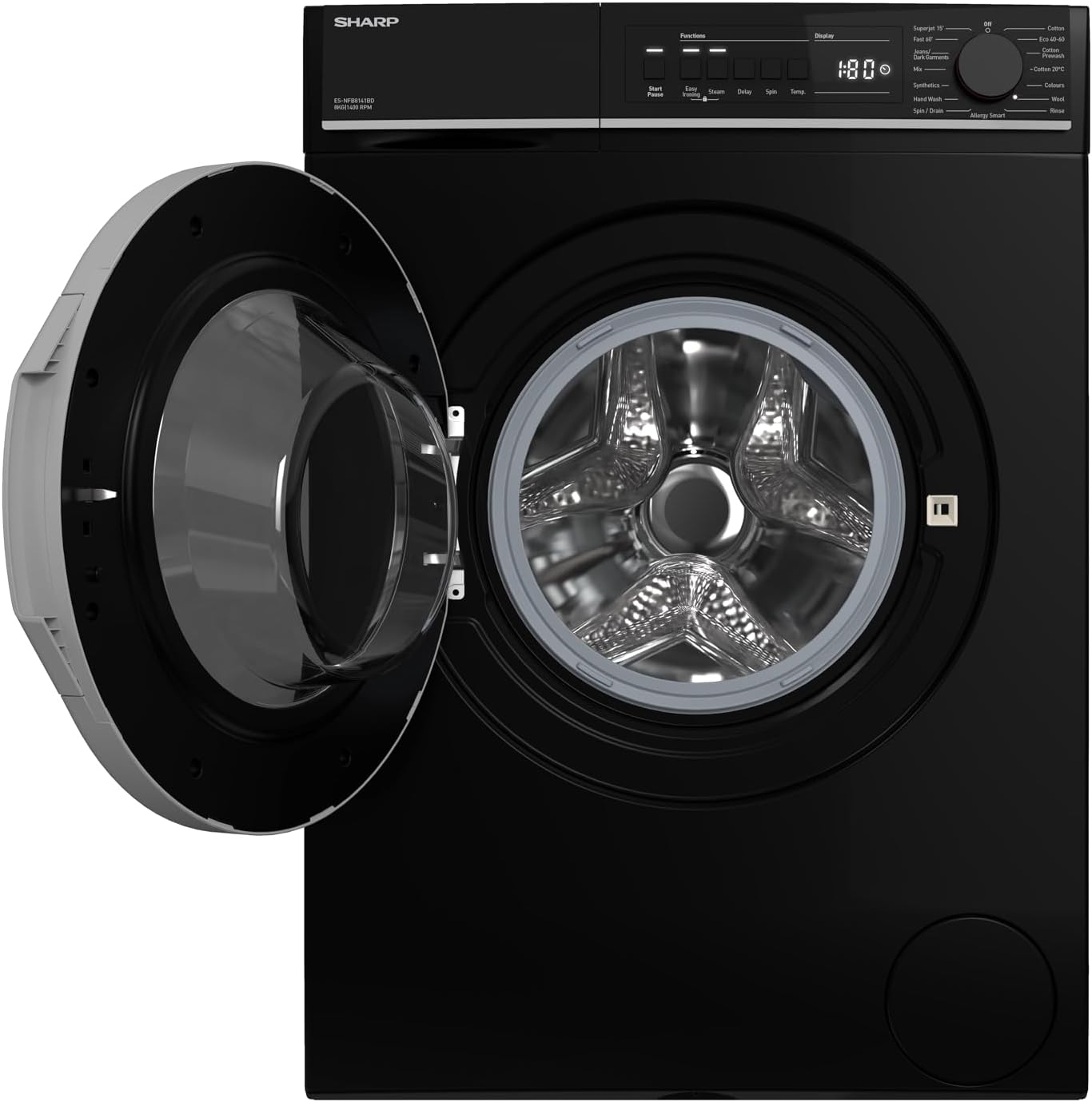 Sharp, ES - NFB8141BD - EN, Freestanding, Washing Machine, Steam, 15 Programs, 15 minute Rapid Wash, Anti - Allergy, 8 kg Washer, 1400 rpm Spin, Black Colour - Amazing Gadgets Outlet