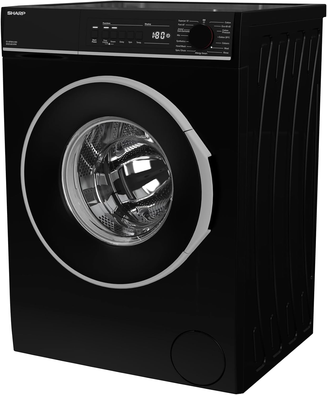 Sharp, ES - NFB8141BD - EN, Freestanding, Washing Machine, Steam, 15 Programs, 15 minute Rapid Wash, Anti - Allergy, 8 kg Washer, 1400 rpm Spin, Black Colour - Amazing Gadgets Outlet