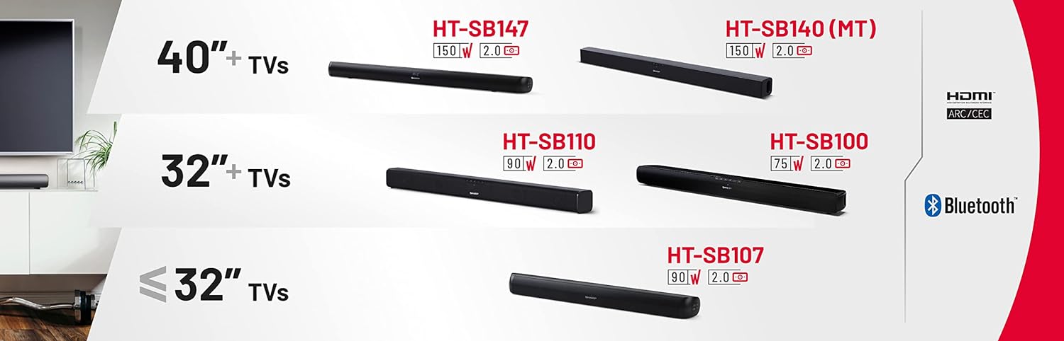 SHARP HT - SB107 2.0 Soundbar, 90W Small Wireless Bluetooth Soundbar for TV and Device Streaming with Aux, USB Playback, HDMI ARC /CEC & Digital Optical - in, Wall Mountable or Table Top Sound Bar - Black - Amazing Gadgets Outlet