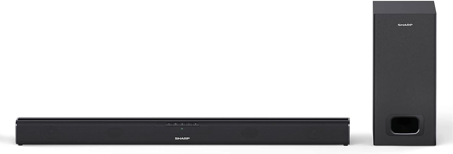 SHARP HT - SBW110 2.1 Soundbar, 180W Slim Wireless Bluetooth Soundbar with Wired Subwoofer for TV with HDMI ARC /CEC, Aux and Digital Optical - In, Wall Mount or Table Top Sound Bar - Black - Amazing Gadgets Outlet