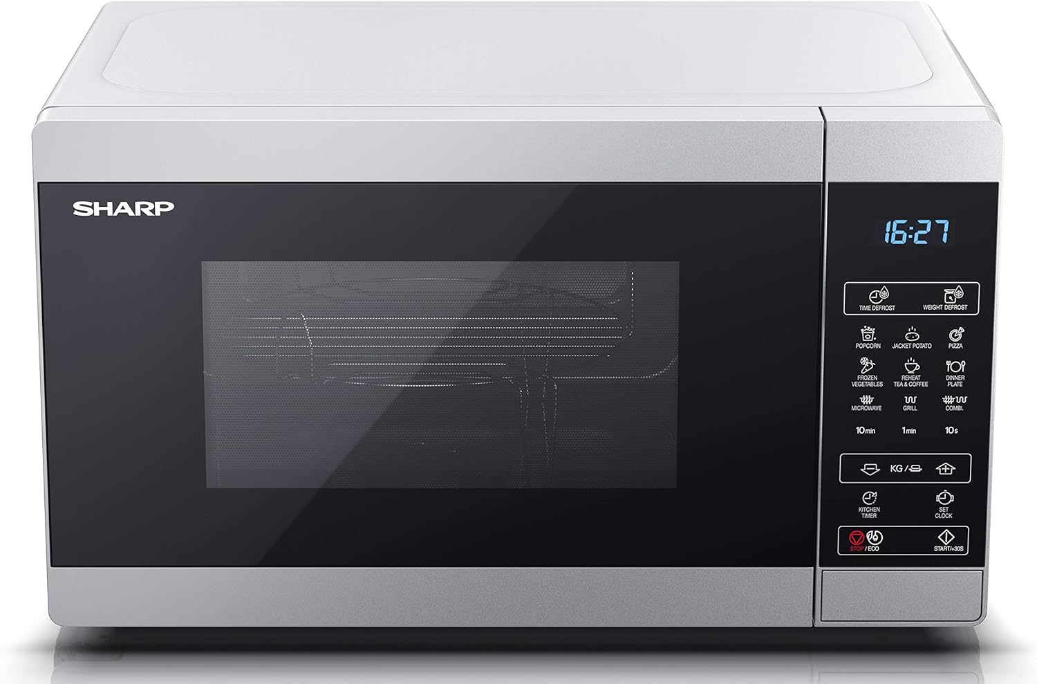 SHARP YC - MG02U - S Compact 20 Litre 800W Digital Microwave with 1000W Grill, 11 power levels, ECO Mode, defrost function, LED cavity light - Silver - Amazing Gadgets Outlet