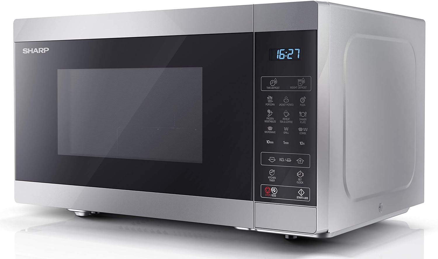 SHARP YC - MG02U - S Compact 20 Litre 800W Digital Microwave with 1000W Grill, 11 power levels, ECO Mode, defrost function, LED cavity light - Silver - Amazing Gadgets Outlet