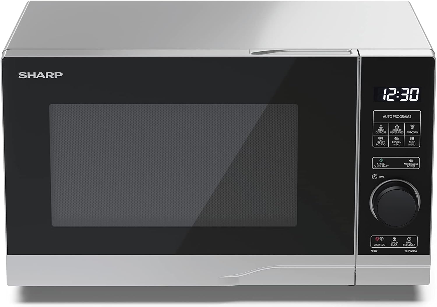 SHARP YC - PS204AU - S Compact 20 Litre 700W Digital Microwave, 10 power levels, ECO Mode, defrost function, LED cavity light - Silver - Amazing Gadgets Outlet