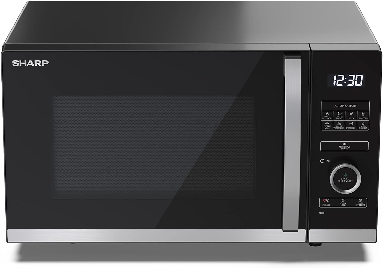 SHARP YC - QS254AU - B 25 Litre 900W Digital FLATBED Microwave, 10 power levels, ECO Mode, defrost function, LED cavity light - Black - Amazing Gadgets Outlet