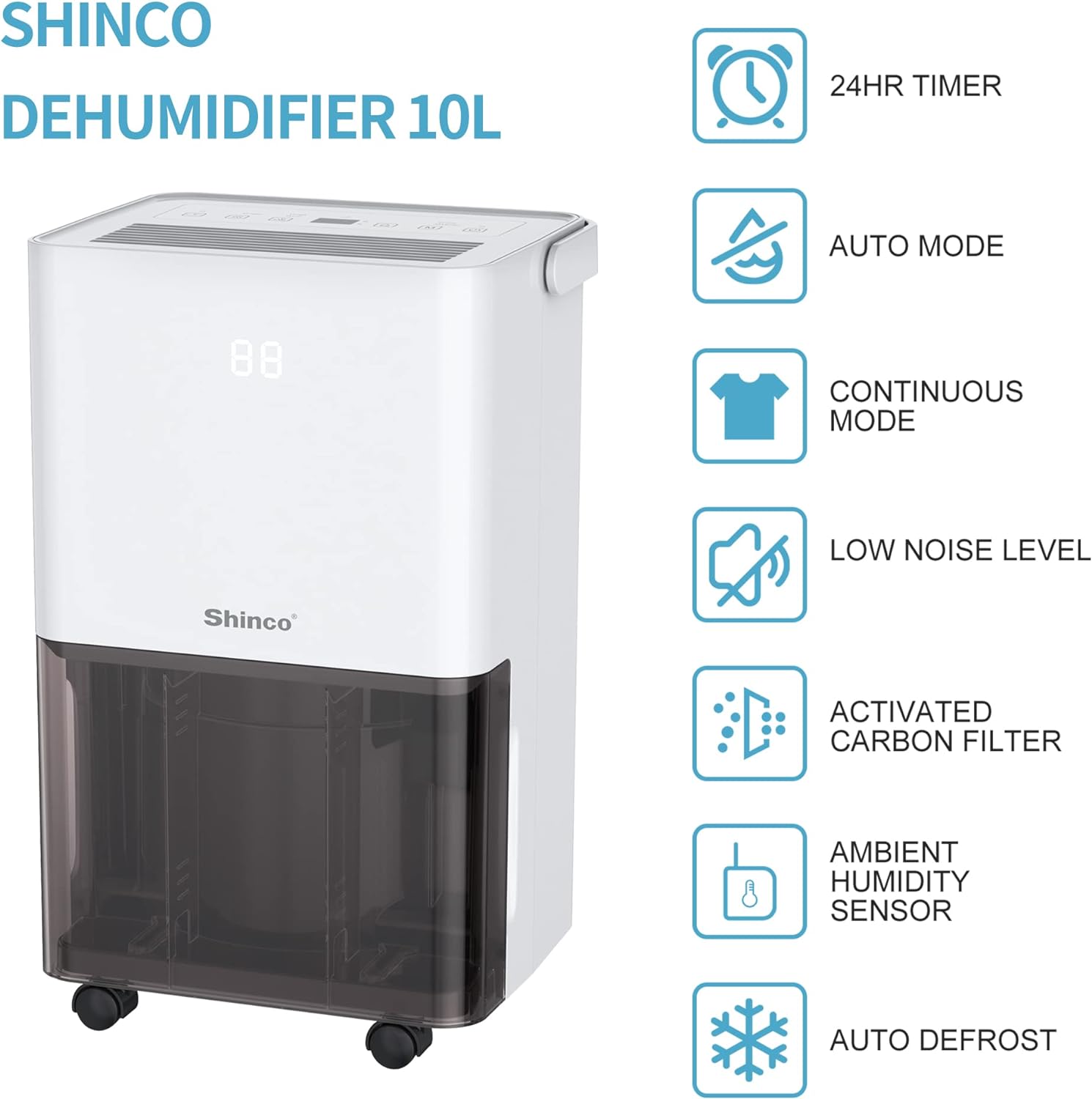 SHINCO 10L/Day Energy Efficient Electric Compressor Dehumidifier for home,Carbon Air Purifier, Continuous Drainage，Auto Restart，Laundry Drying，24 Hour Timer，Damp Mould Control - Amazing Gadgets Outlet