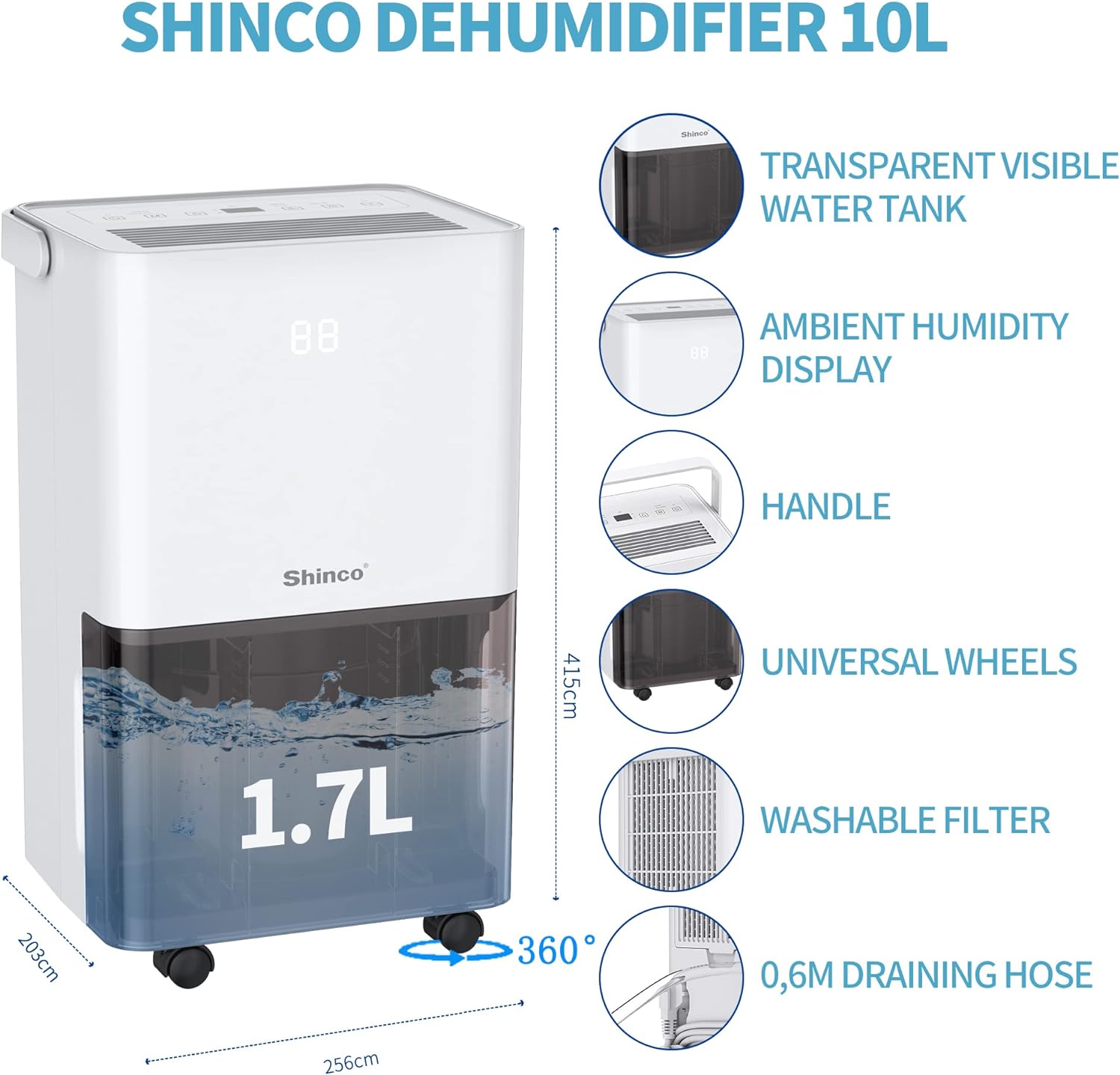 SHINCO 10L/Day Energy Efficient Electric Compressor Dehumidifier for home,Carbon Air Purifier, Continuous Drainage，Auto Restart，Laundry Drying，24 Hour Timer，Damp Mould Control - Amazing Gadgets Outlet