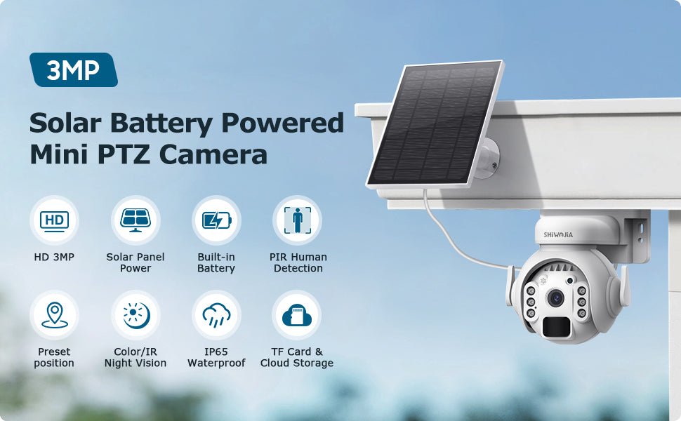 SHIWOJIA 2K Solar Wireless Security Outdoor Camera, 360° PTZ WiFi CCTV Camera, PIR Motion Detection & Alert, Color Night Vision, 2 - Way Audio, IP66 Waterproof, SD/Cloud - Amazing Gadgets Outlet