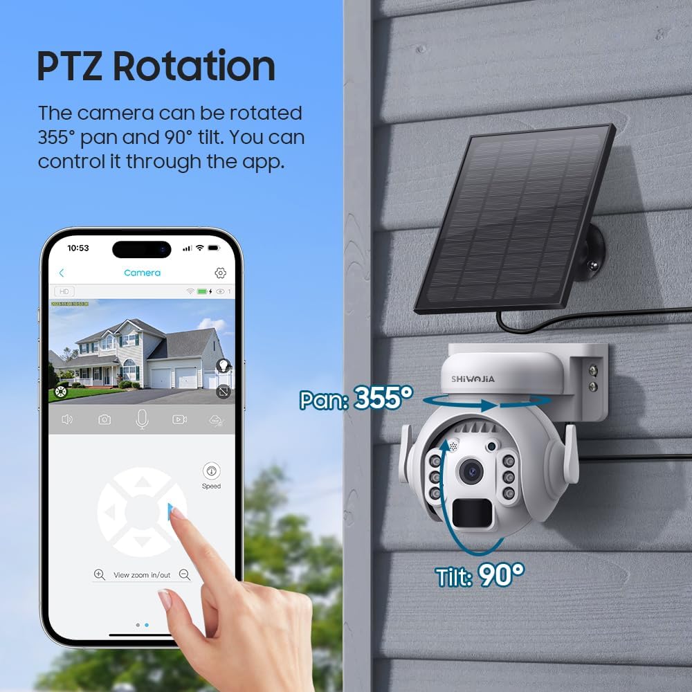 SHIWOJIA 2K Solar Wireless Security Outdoor Camera, 360° PTZ WiFi CCTV Camera, PIR Motion Detection & Alert, Color Night Vision, 2 - Way Audio, IP66 Waterproof, SD/Cloud - Amazing Gadgets Outlet