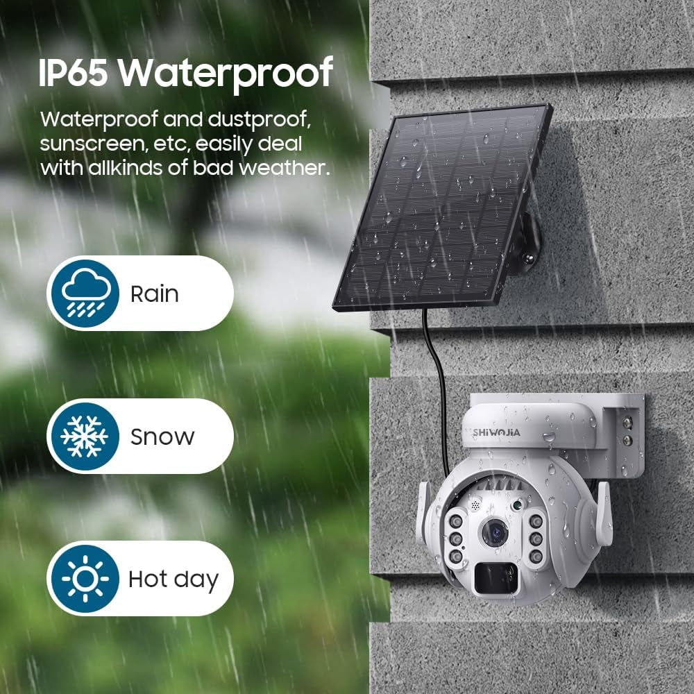 SHIWOJIA 2K Solar Wireless Security Outdoor Camera, 360° PTZ WiFi CCTV Camera, PIR Motion Detection & Alert, Color Night Vision, 2 - Way Audio, IP66 Waterproof, SD/Cloud - Amazing Gadgets Outlet