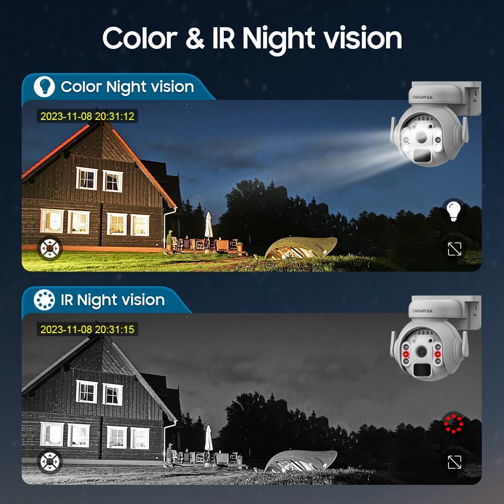 SHIWOJIA 2K Solar Wireless Security Outdoor Camera, 360° PTZ WiFi CCTV Camera, PIR Motion Detection & Alert, Color Night Vision, 2 - Way Audio, IP66 Waterproof, SD/Cloud - Amazing Gadgets Outlet