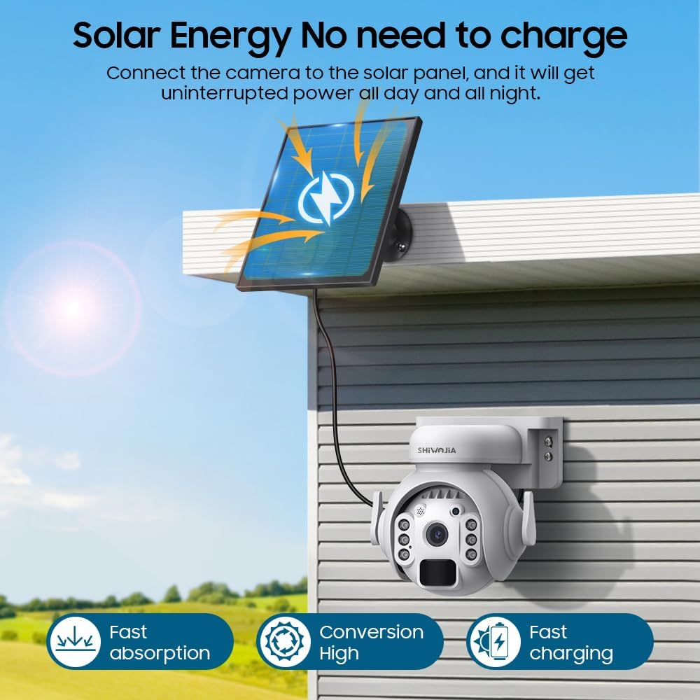 SHIWOJIA 2K Solar Wireless Security Outdoor Camera, 360° PTZ WiFi CCTV Camera, PIR Motion Detection & Alert, Color Night Vision, 2 - Way Audio, IP66 Waterproof, SD/Cloud - Amazing Gadgets Outlet