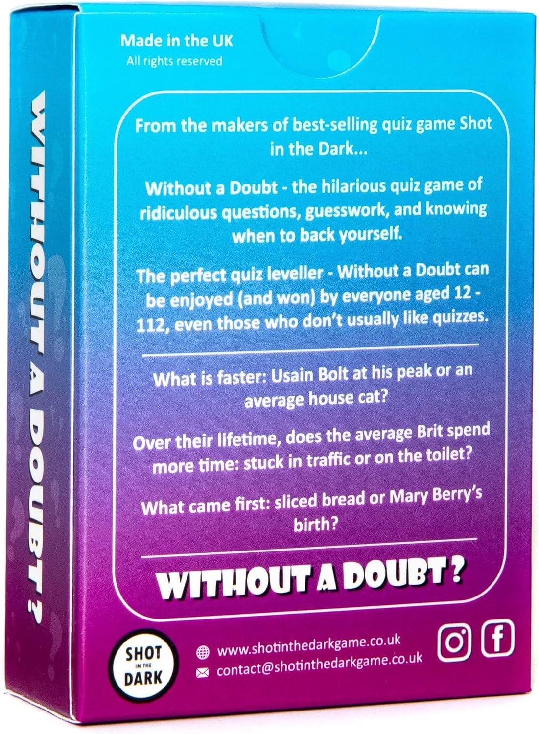 Shot in the Dark Without a Doubt? A hilarious quiz game of ridiculous questions, guesswork and family fun | 2+ players | Adults & Kids - Amazing Gadgets Outlet