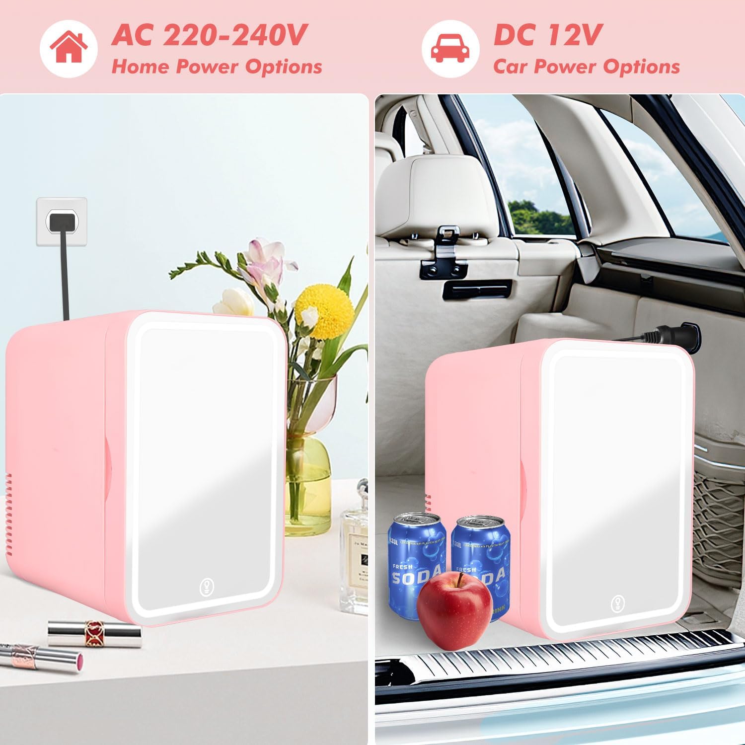 SHTALHST Mini Fridge With LED Mirror, 8L/8can, Mini fridge for Bedrooms, AC/DC, Skincare Fridge, for Skincare, Drinks, Makeup and Food, Bedroom,Car and Office, Pink - Amazing Gadgets Outlet