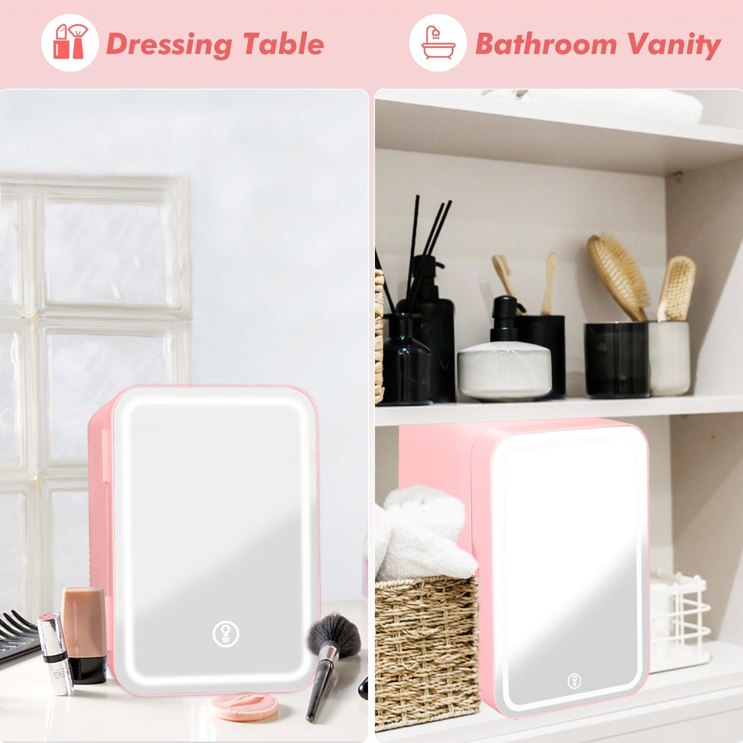 SHTALHST Mini Fridge With LED Mirror, 8L/8can, Mini fridge for Bedrooms, AC/DC, Skincare Fridge, for Skincare, Drinks, Makeup and Food, Bedroom,Car and Office, Pink - Amazing Gadgets Outlet