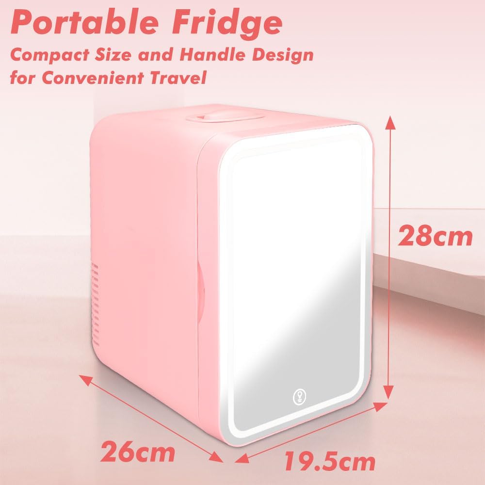 SHTALHST Mini Fridge With LED Mirror, 8L/8can, Mini fridge for Bedrooms, AC/DC, Skincare Fridge, for Skincare, Drinks, Makeup and Food, Bedroom,Car and Office, Pink - Amazing Gadgets Outlet