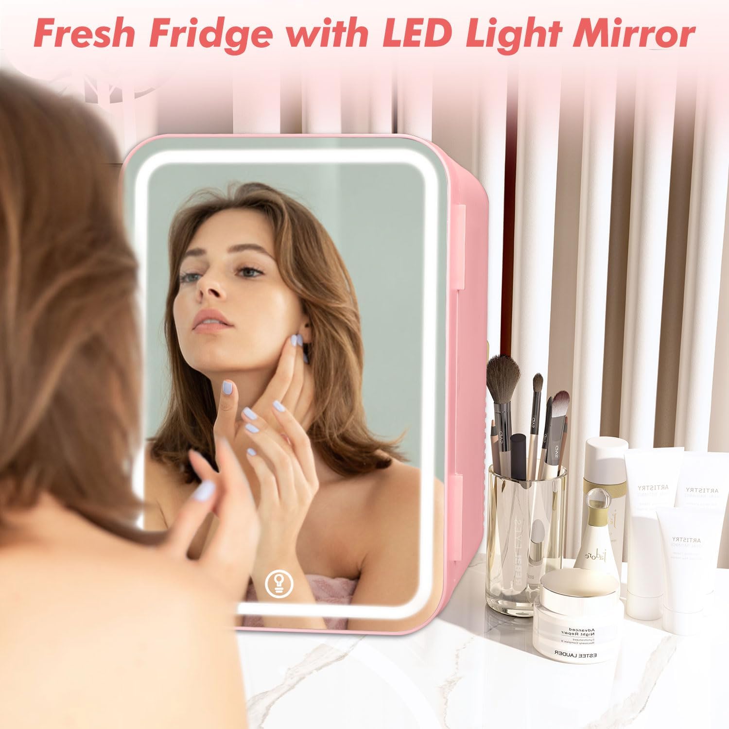 SHTALHST Mini Fridge With LED Mirror, 8L/8can, Mini fridge for Bedrooms, AC/DC, Skincare Fridge, for Skincare, Drinks, Makeup and Food, Bedroom,Car and Office, Pink - Amazing Gadgets Outlet