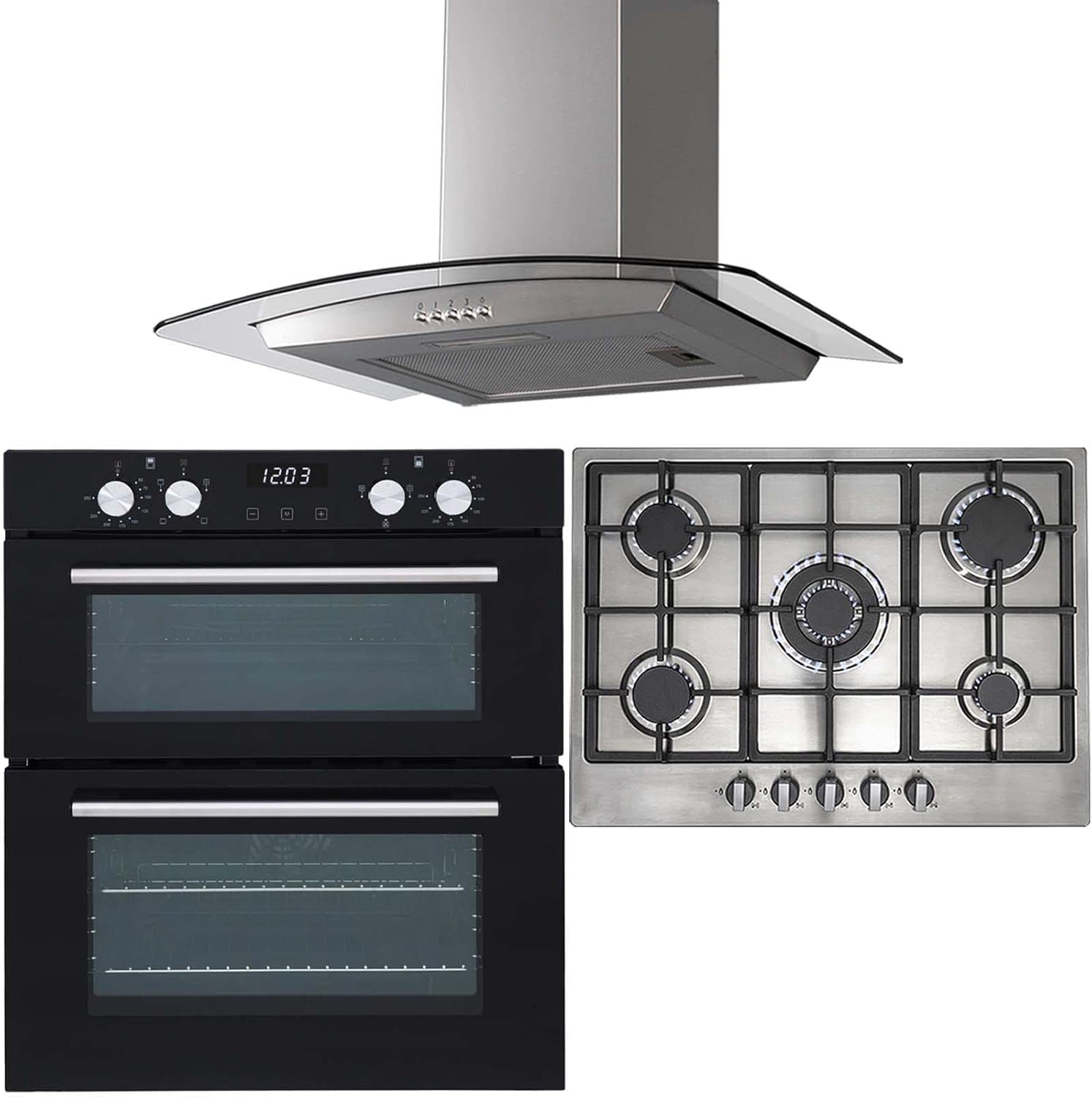 SIA 60cm Black Built Under Double Fan Oven, 70cm 5 Burner Gas Hob & Curved Hood - Amazing Gadgets Outlet