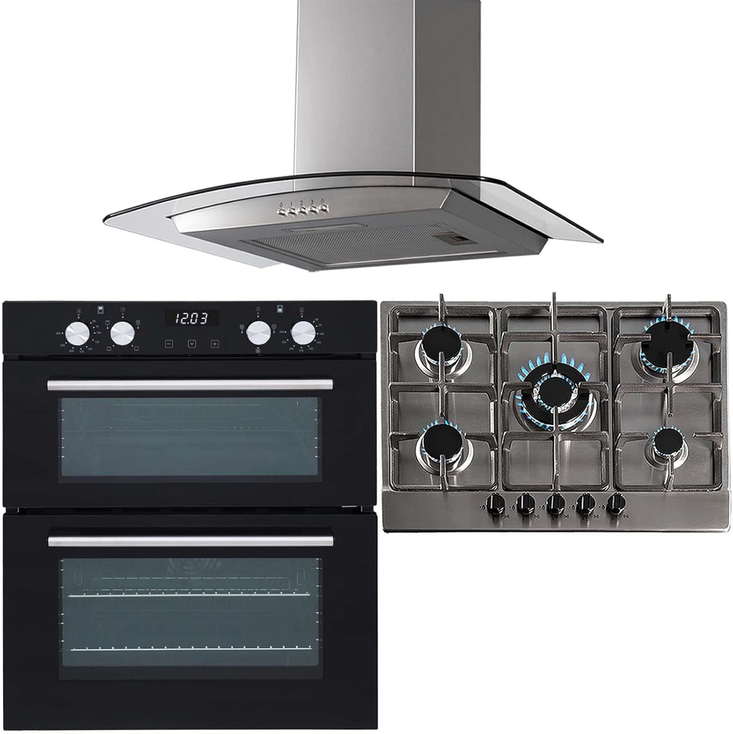 SIA 60cm Black Built Under Double Oven, 70cm 5 Burner Gas Hob & Curved Hood Fan - Amazing Gadgets Outlet