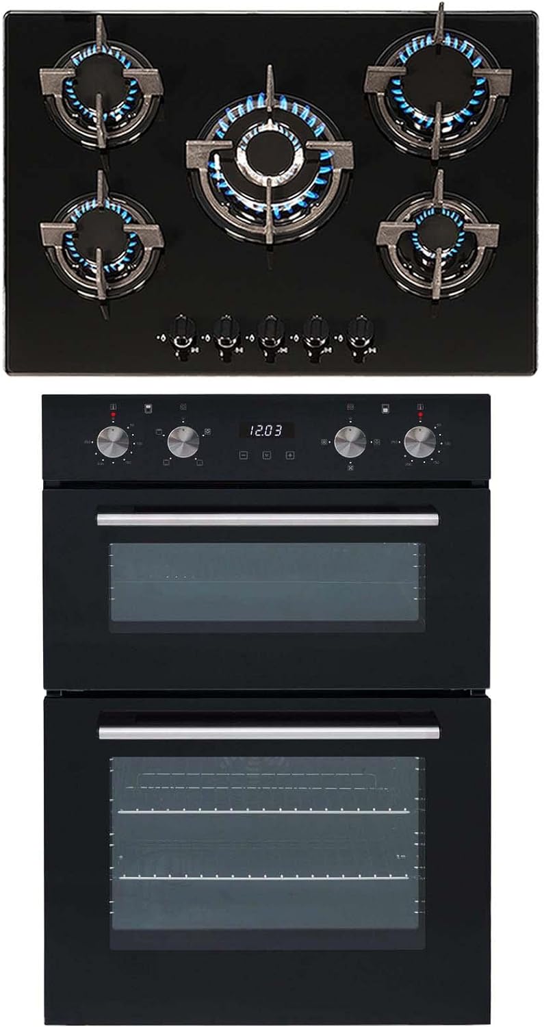 SIA 60cm Built In Double Electric Oven & Black 70cm 5 Burner Gas On Glass Hob - Amazing Gadgets Outlet