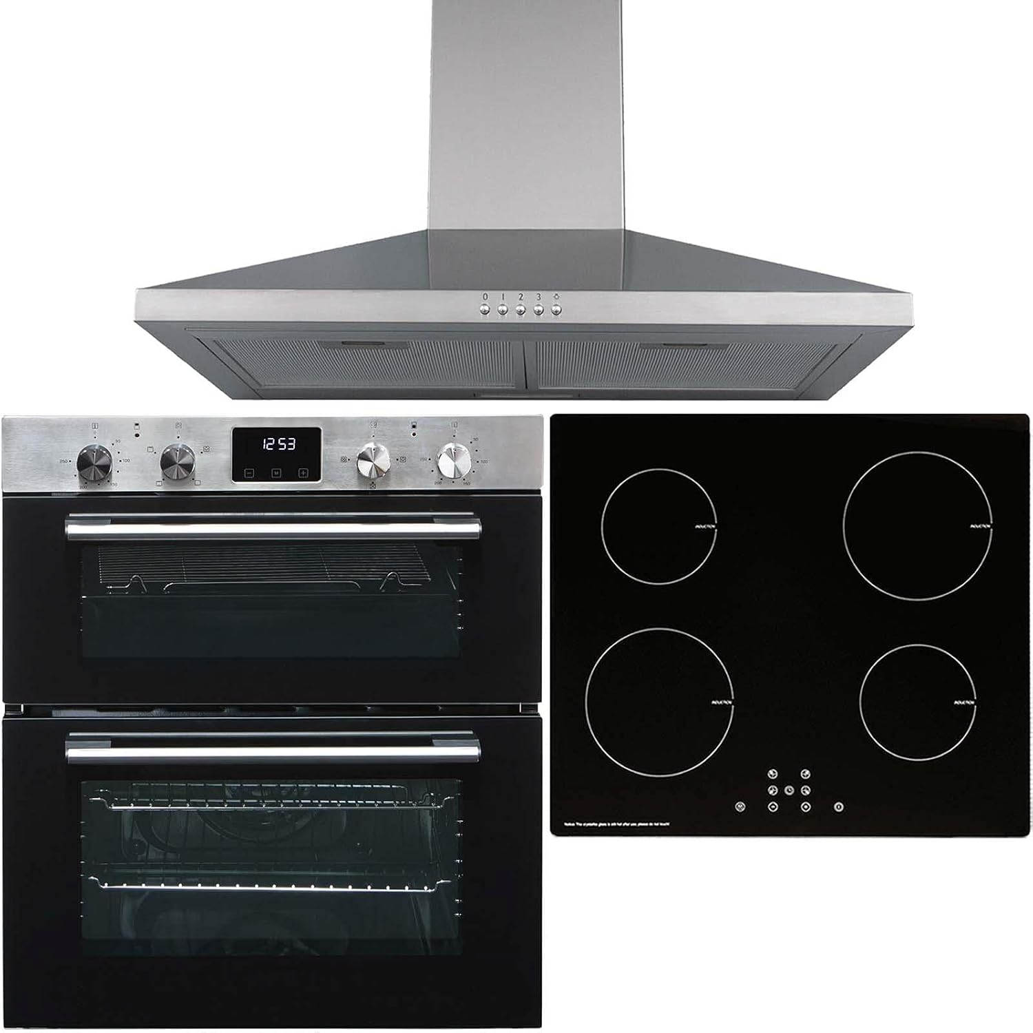 SIA 60cm DO111SS Stainless Steel Built Under Electric Double True Fan Oven, INDH60BL 4 Zone Touch Control Induction Hob & CHL60SS Chimney Cooker Hood - Amazing Gadgets Outlet