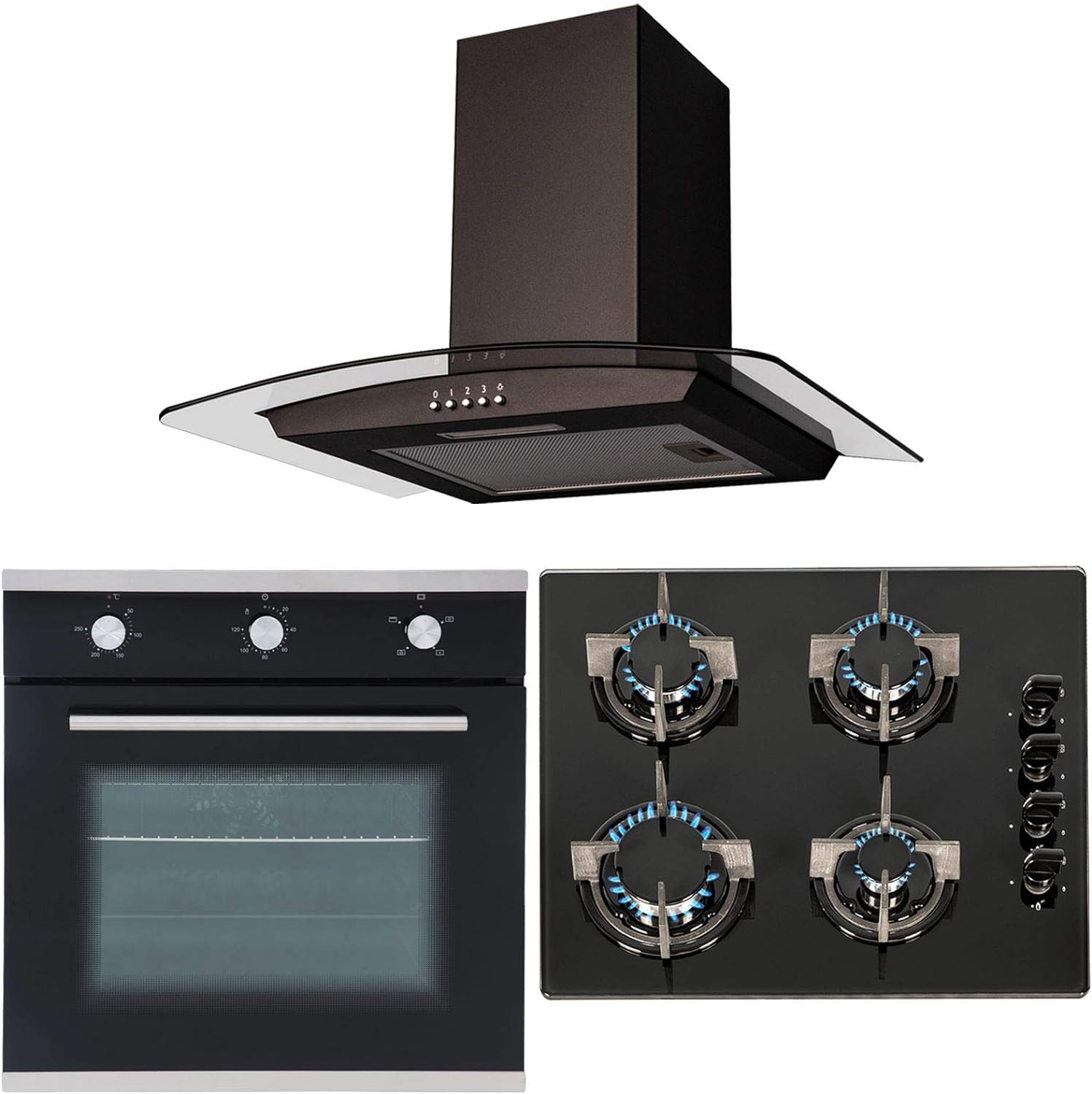 SIA 60cm Single Electric Fan Oven, Gas 4 burner Glass Hob And Curved Glass Hood - Amazing Gadgets Outlet