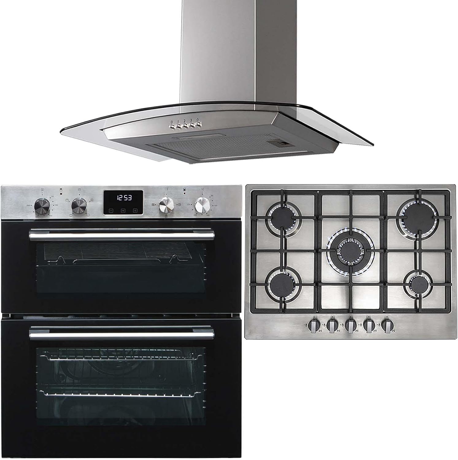 SIA DO111SS 60cm Stainless Steel Built Under Double Fan Oven, SIA R6 70cm 5 Burner Gas Hob and Cast Iron Pan Stands & CGH60SS Curved Glass Cooker Hood - Amazing Gadgets Outlet