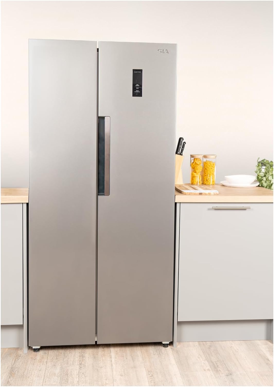 SIA SAFF460SI Freestanding 2 Door American Style Fridge Freezer in Silver 446 Litre Capacity, No Frost, Adjustable Legs, Flush Back Design, Inverter Compressor - Amazing Gadgets Outlet