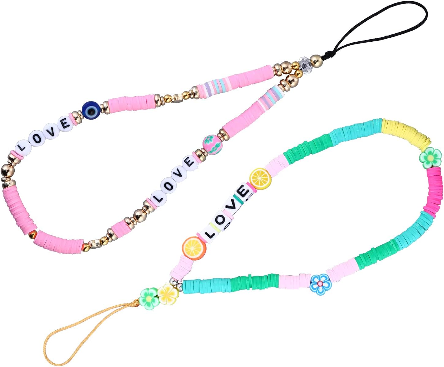 Sibba 2Pcs Phone Charms Beaded Phone Chain Rainbow Clay Beads Mobile Phone Lanyard String Keychain Evil Eye Love Flower Wrist Strap Bead Phone Chains Accessories For Women Girls - Amazing Gadgets Outlet