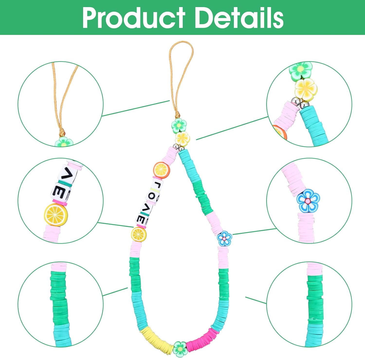 Sibba 2Pcs Phone Charms Beaded Phone Chain Rainbow Clay Beads Mobile Phone Lanyard String Keychain Evil Eye Love Flower Wrist Strap Bead Phone Chains Accessories For Women Girls - Amazing Gadgets Outlet