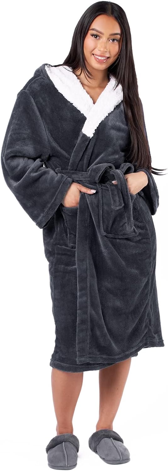 Sienna Super Soft Flannel Fleece Hooded Dressing Gown Womens Sherpa Lined Fluffy Luxurious Comfy Cosy Bathrobe Gifts for Mum - Amazing Gadgets Outlet